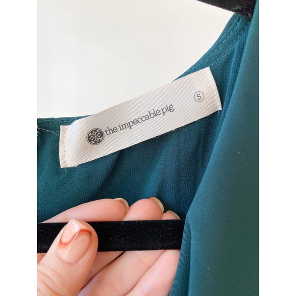 THE IMPECCABLE PIG Women's Forest Green Ruffle V-Neck Sleeveless Jumpsuit size S - Picture 7 of 10